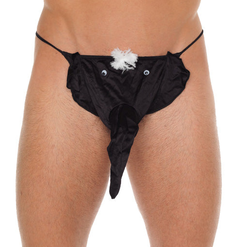 Mens Black G-String With Elephant Animal Pouch